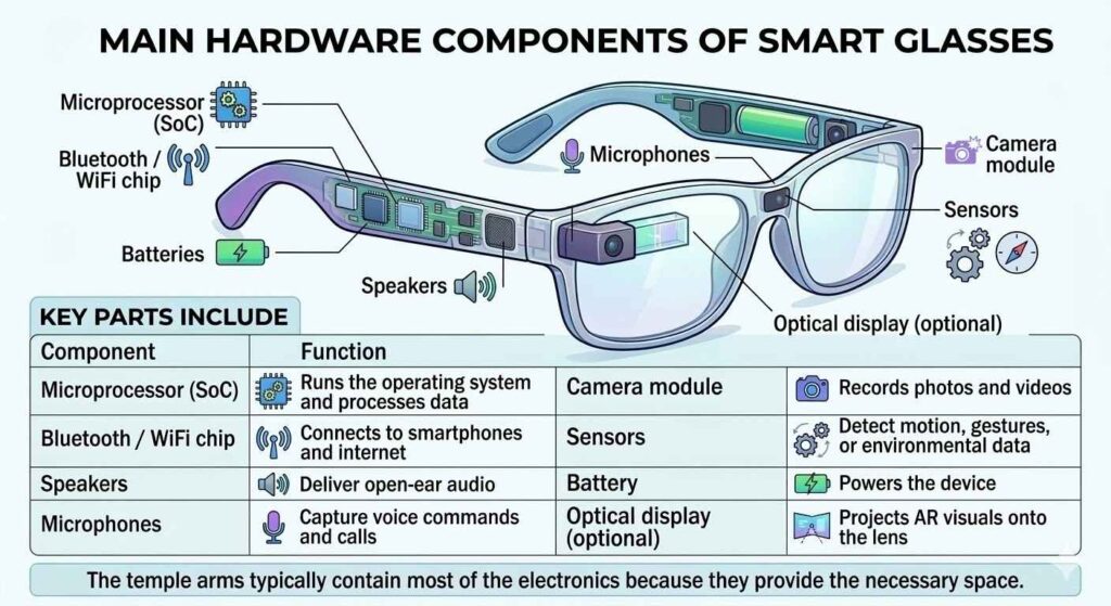 Main Hardware components of smart glasses - Bluetooth glasses
