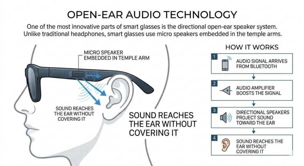 Open-Ear Audio Technology - Directional speakers project sound toward the ear - Sound reaches the ear without covering it